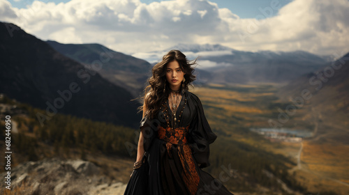 Portrait of a very beautiful woman of Asian appearance living in the mountains in traditional clothes. Feminine perfection. High fashion concept. Photo for design, posters Armenian woman