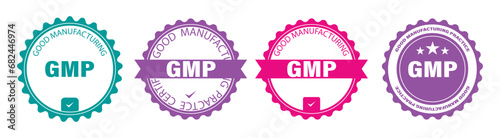 GMP set of round badges. Certified industrial stickers for products with Good Manufacturing Practice tag