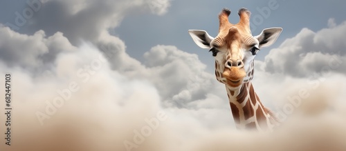 Animal photography, portrait funny giraffe over blue sky with white clouds. AI generated image photo