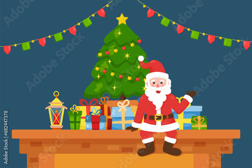 Flat Santa on fireplace mantel with gifts and decorated tree on home background with garland. Vector cartoon Merry Christmas illustration. Cute winter character with smile for holiday poster or banner