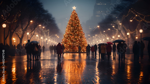 Pine is a symbol of Christmas stands tall on city street at night, Generative AI
