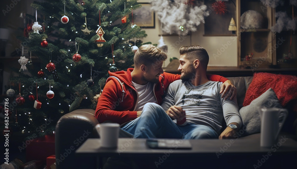 Christmas time. Two smiling men enjoying day off sitting on the couch. Friends, gay couple, people enjoying the holiday.	
