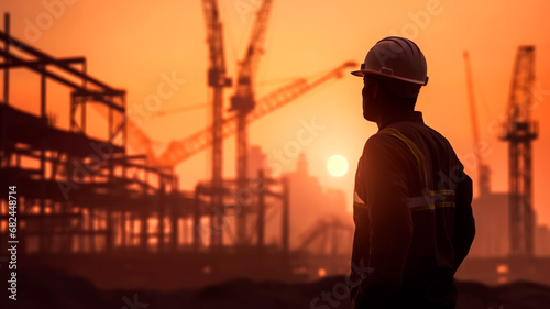 Silhouette of a construction worker against the orange sunset, Generative AI