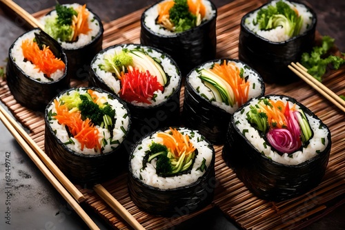 A delightful image featuring Vegetable Kimbap, a popular dish in Korean cuisine. 