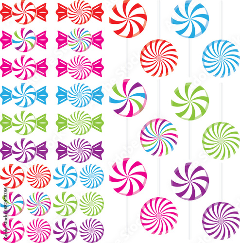 Swirled candy peppermints as hard candies, lollipops, and wrapped candies in red, pink, green, blue, purple, and rainbow colors