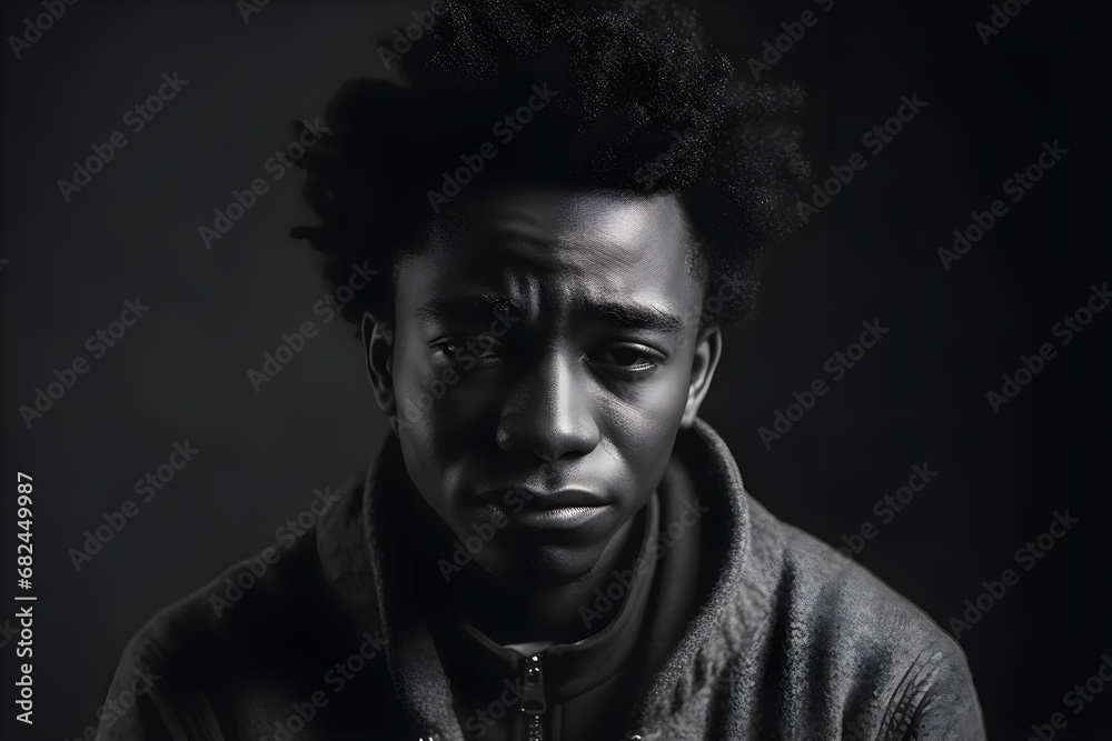 Black and White portrait of an upset afro american man, AI