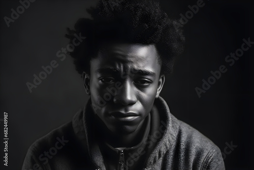Black and White portrait of an upset afro american man, AI