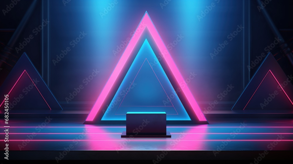 An empty podium with a curtain background and neon blue and pink triangles surrounding it. An empty podium with a curtain background and neon blue and pink triangles surrounding it.