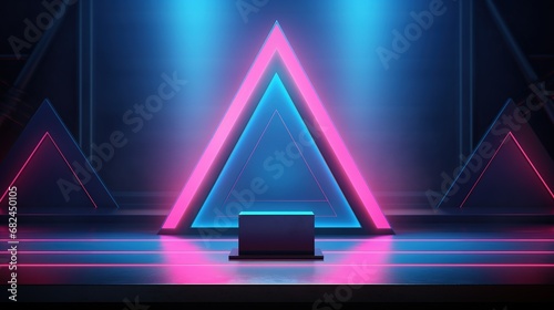 An empty podium with a curtain background and neon blue and pink triangles surrounding it.