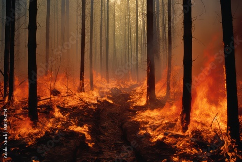 Forest fire  trees and grass are burning. Generative AI