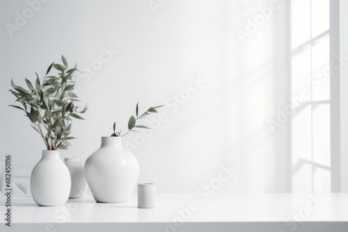 White abstract interior background with minimalistic decor. Generative AI