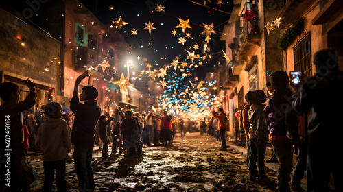 Navidad en México: Posada de Luz y Felicidad gente en un pueblo entre estrellas y luces de colores