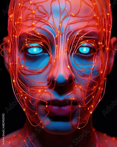 Artistic portrait with face covered in luminous orange wire creating a high-tech vibe photo