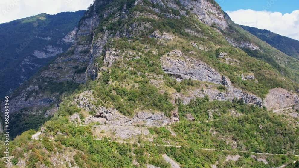 The flight of the drone with a view of the mountain, the close shot with a coniferous forest The flight of the drone with a view of the mountain, the close shot with a coniferous forest