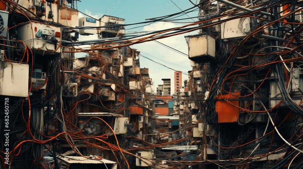 A chaotic tangle of wires and cables, forming an abstract urban landscape.