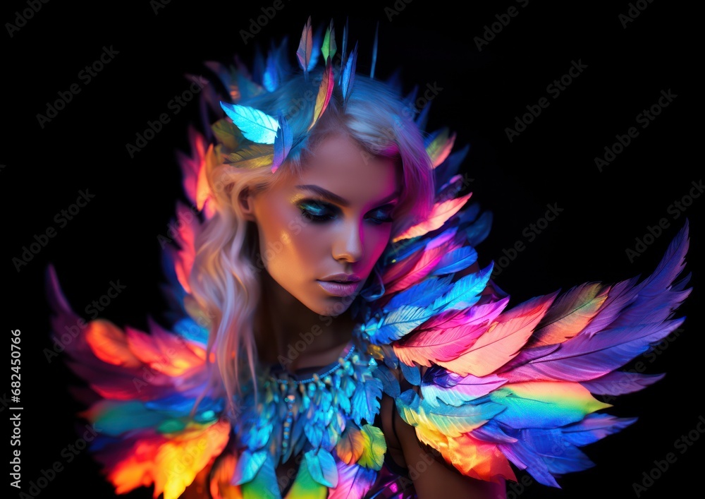 Edgy portrait of a woman with vibrant neon feathers, enveloping her in a world of fantasy and style