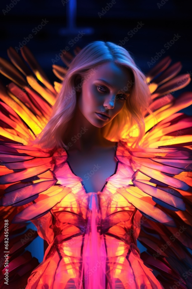 Dramatic portrait of a woman with vibrant red neon light resembling feathers as a backdrop