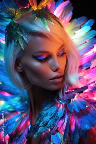 Stunning image of a woman illuminated by blue light wearing a colorful feather headdress