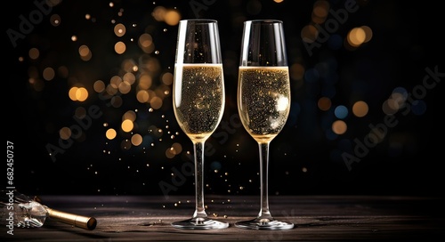 new year's celebration, two glasses of champagne on a wooden table and a dark glossy background