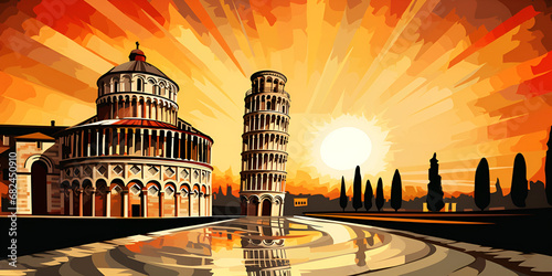 A painting of the leaning tower of pisa ,Illuminating the Leaning Tower of Pisa in Art Brushstrokes of History generative ai
 photo