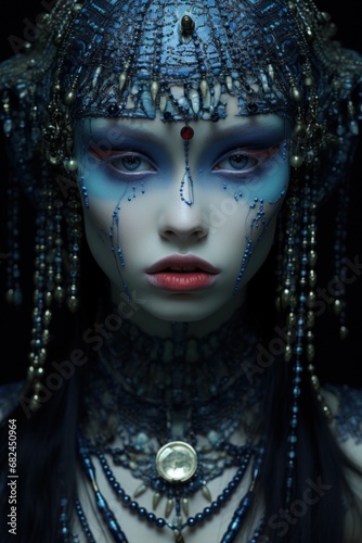 Stunning portrait of an exotic model adorned with a bead ornate headdress and tribal makeup