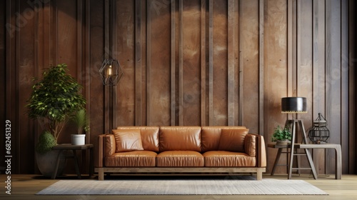 Interior of modern living room with brown leather sofa. Elegant Modern Living room
