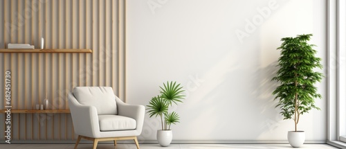 interior with white armchair and plant. Elegant Modern Living room