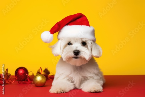 Maltese dog wearing a Santa hat lies politely against a yellow and red background, with Christmas decorations nearby © gankevstock