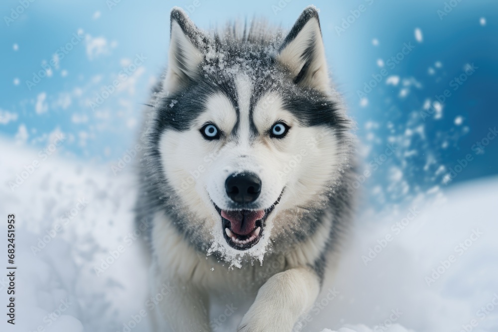 Dynamic close up of a Siberian Husky bounding through a snowy landscape with a spray of snowflakes in the air