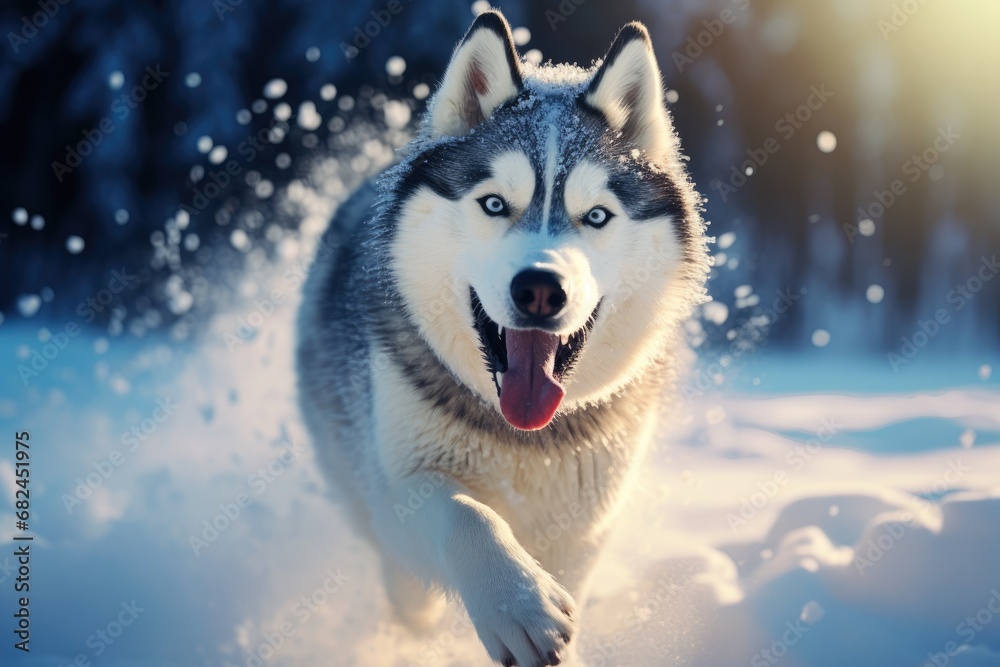 Siberian Husky is joyfully running through a snowy landscape, with snowflakes glistening in the sunlight Siberian Husky is joyfully running through a snowy landscape, with snowflakes glistening in the sunlight