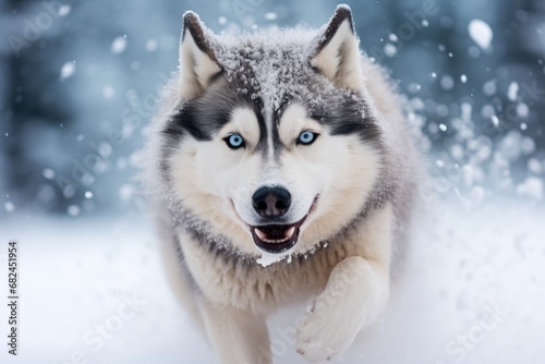 Dynamic close up of a Siberian Husky bounding through a snowy landscape with a spray of snowflakes in the air © gankevstock