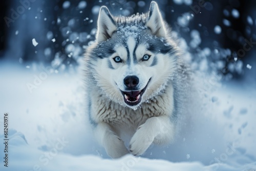 Siberian Husky is joyfully running through a snowy landscape, with snowflakes glistening in the sunlight © gankevstock