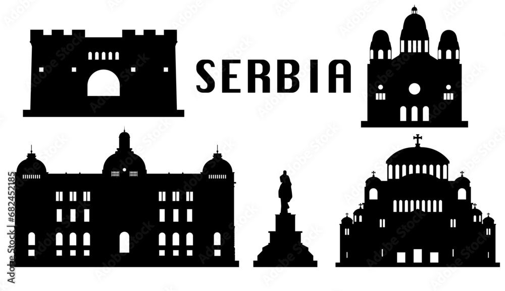 Silhouettes of Serbia landmarks, important tourist attractions, symbols of the city and country. ,vector illustration.