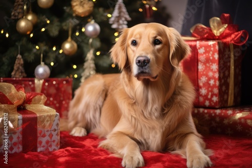 Retriever lie among Christmas Gifts with xmas tree on background
