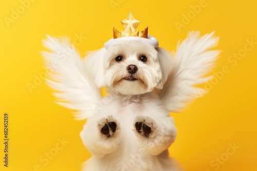 white Maltese dog dressed as an angel with a sparkling crown, wings spread on a yellow background photo