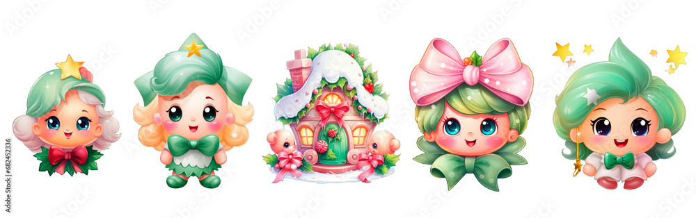 Fototapeta premium set of Christmas personage png Isolated on transparent background. Christmas tree clipart. Cartoon Santa Claus, Elf, Girl,Boy for greeting card, banner,invitation,flyer,stickers. New Year 