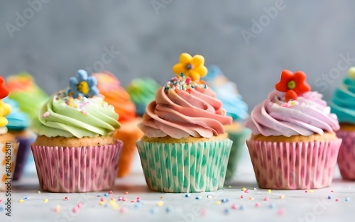  frosted cupcakes, Flat lay composition with delicious birthday cupcakes, pastel colors, cute decoration, close up