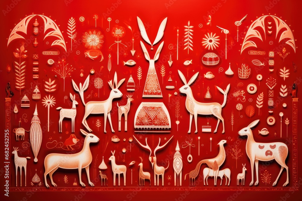 intricate folk art inspired red Christmas display featuring animals and nature motifs