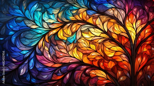 Stained glass window background with colorful Leaf abstract. 