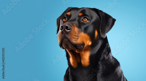 Advertising portrait, banner, serious rottweiler dog of classic color, looks straight, isolated on blue background