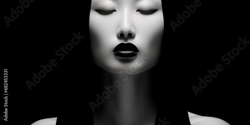 Minimalist black and white of an Asian woman with lipstick, direct photography, minimalist and meticulous design, elongated and dramatic