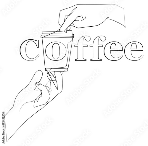 Coffee line. Template for printing, postcards, menus, posters. Sketch, linear drawing.