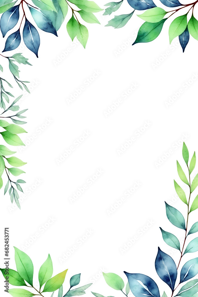 watercolor green leaves frame card page template
