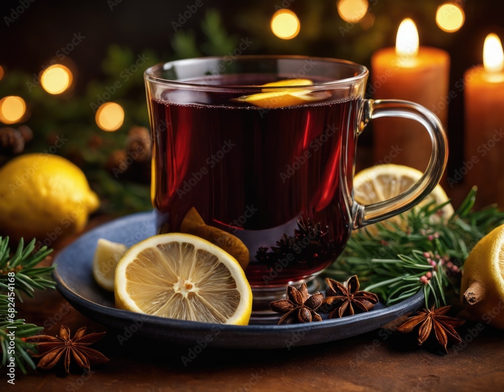 Christmas mulled wine with lemon, cardamon spices and fir tree branches and candles for cold weather to prevent flue and illnesses Christmas mulled wine with lemon, cardamon spices and fir tree branches and candles for cold weather to prevent flue and illnesses