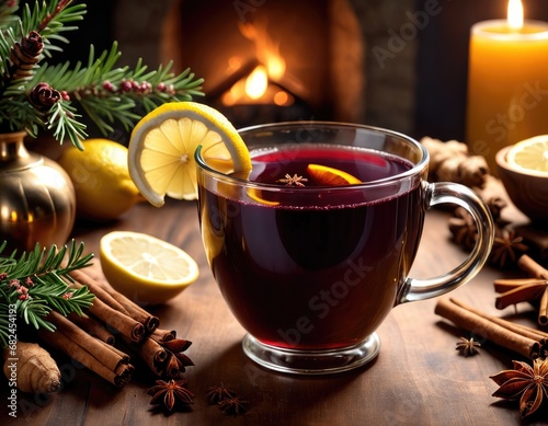 Christmas mulled wine or gluhwein with spices, lemon, cynnamon, ginger and cardamon near the fireplace and fir tree branchlets photo
