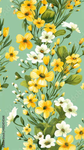 A pattern of bright yellow flowers on a light green background