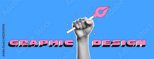 Graphic design volumetric lettering. Bright banner with isometric letters and halftone collage hand that holds vector pen tool. Trendy neobrutalism style.