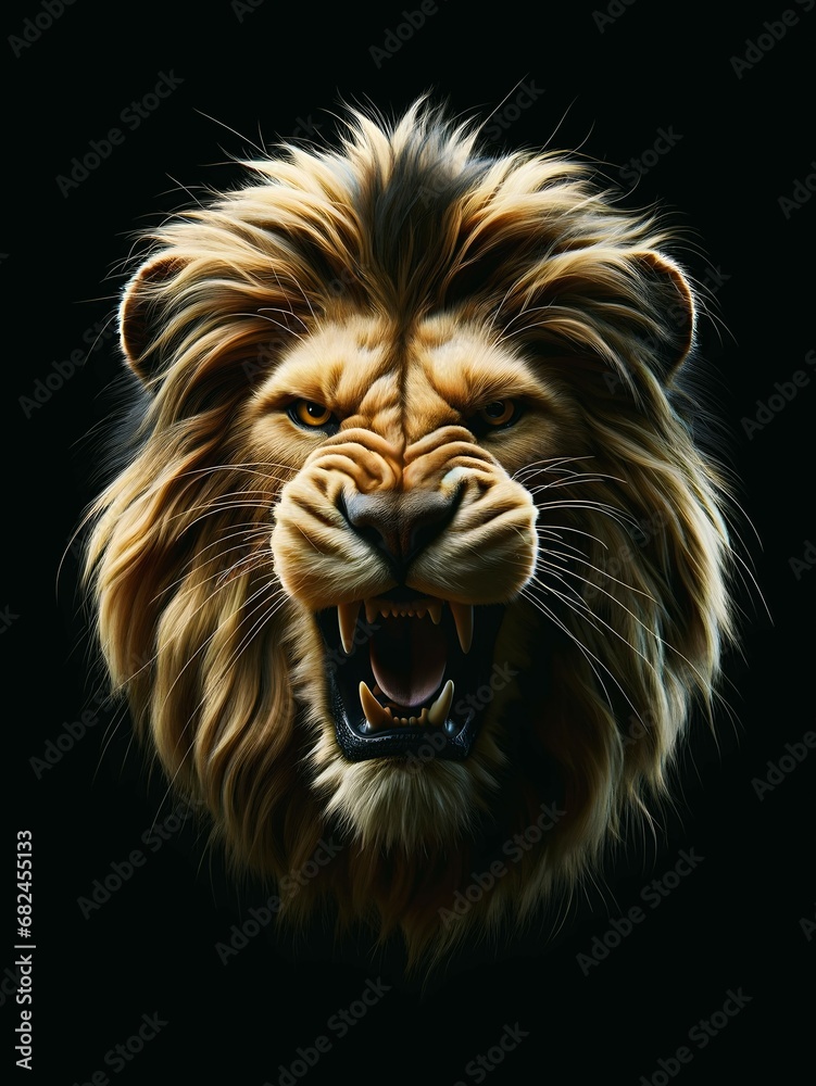 Lion roaring portrait isolated on black background