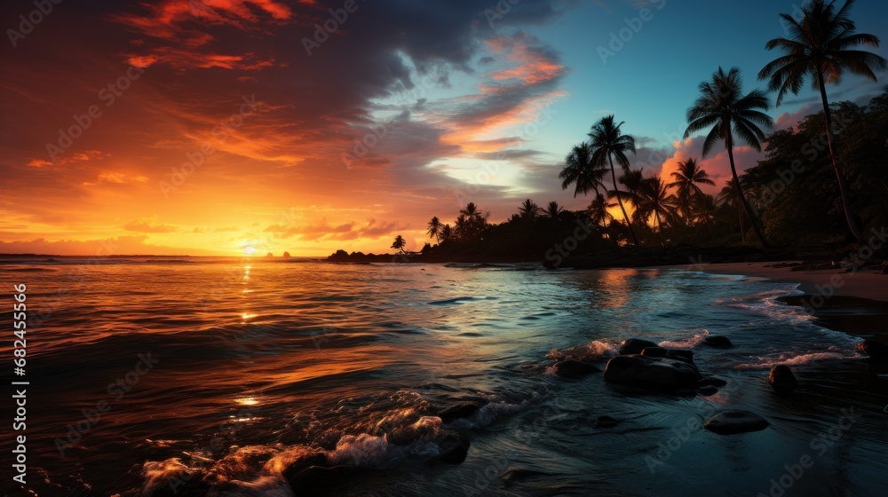 gorgeous tropical sunset in beach with palm tree