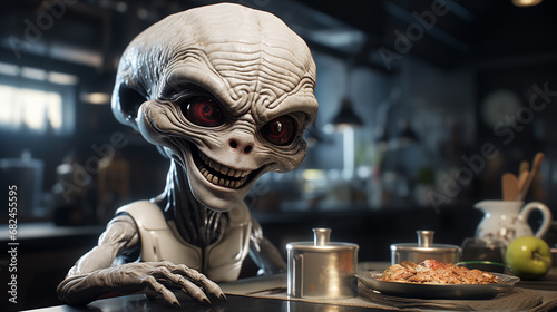 Futuristic photo of a friendly alien cooking in a bright kitchen with a luxurious décor photo